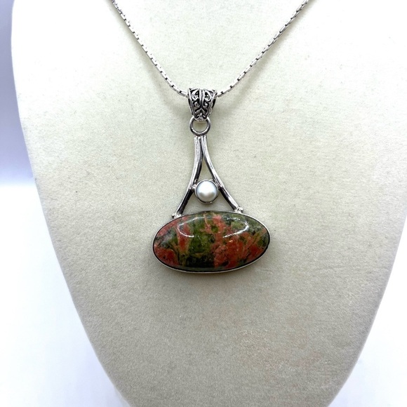 Vintage Large Green Orange Unakite Jasper Pearl Sterling Silver Necklace Pendant - Picture 5 of 13